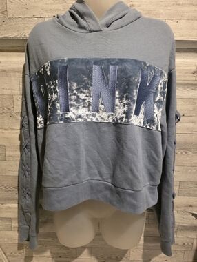 PINK Victoria's Secret Heather Blue Velvet-Panel Crewneck Hoodie